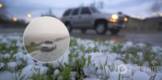 На Херсонщине выпал крупный град, трасса превратилась в каток. Видео